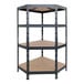 A black AR Shelving boltless metal corner shelving unit with four shelves.