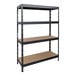 A black metal AR Shelving boltless shelving unit with four shelves.