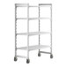 A white metal Cambro Camshelving® Premium mobile shelving unit with 4 vented shelves on wheels.
