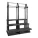 A black plastic Benchmaster floral display with metal bars and three shelves.