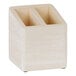A white wooden stir stick holder with two compartments.