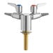A Chicago Faucets deck-mounted laboratory turret with two 90-degree valves and orange index buttons.