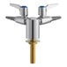 A Chicago Faucets deck-mounted laboratory turret with two 90-degree ball valves and blue index buttons.