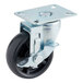 A Main Street Equipment swivel plate caster with a metal and black wheel.