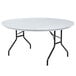 A gray Correll round folding table with black legs.