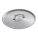A close-up of a Vigor stainless steel lid with a handle on a white background.