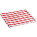 A red and white checkered Hoffmaster table cover on a table.