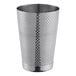 A Barfly stainless steel cocktail shaker with a diamond lattice pattern.