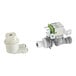 A Zurn Elkay solenoid valve regulator kit with white and green devices and plastic pipes.