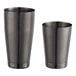 A pair of black metal Barfly Boston cocktail shakers with black diamond lattice design.