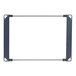 A rectangular metal frame with white shelves and metal corners.