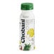 A white Chobani bottle with a white label and a green cap with black text for "Low-Fat Pina Colada Greek Yogurt Drink"