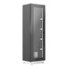A black tall cabinet with glass doors.