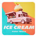 A white rounded corner vinyl sticker with a pink ice cream truck on it.