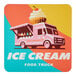 A white square coaster with a pink food truck on it.