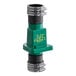 A green and black Zoeller PVC check valve for 1 1/2" and 1 1/4" discharge pipes with metal connectors.