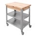 A John Boos maple kitchen cart with metal accents and wheels.