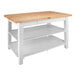 A white kitchen island with a wooden top and two shelves.