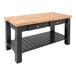 A black wood John Boos kitchen island with 2 drawers.
