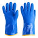 A pair of blue Ansell AlphaTec PVC gloves with yellow trim.