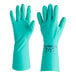 A pair of green Ansell AlphaTec Solvex nitrile gloves with a label.