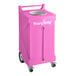 A pink rectangular PourAway Cadet liquids disposal receptacle with wheels.