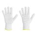 A pair of white Ansell HyFlex cut-resistant gloves with yellow trim.