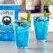 Two glasses of blue Lotus Plant Power Skinny Energy Concentrate with blueberries and mint leaves.