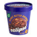 A blue container of Eclipse Foods vegan peanut butter brownie ice cream with a purple label.