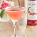A martini glass filled with pink Monin strawberry rose drink next to a bottle of Monin syrup.