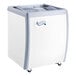 An Avantco gelato dipping cabinet with wheels.