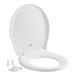 A white Bemis round toilet seat with a lid.