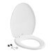 A white Bemis elongated toilet seat with lid and screws.