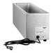 A stainless steel half size countertop food warmer with an attached power cord.