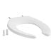 A white Bemis elongated plastic toilet seat with self-sustaining hinges.