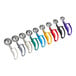 A row of colorful Choice EZ Grip Squeeze Handle Disher ice cream scoops. The handles are blue, green, purple, and black.