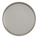 A round white plate with a grey rim.