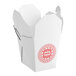 A white paper Asian take-out container with a wire handle and red writing.