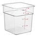 A clear plastic Cambro food storage container with measurements on it.