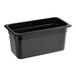 A Carlisle black plastic food pan with a lid.