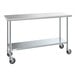 A silver metal Steelton work table with wheels.