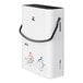 A white rectangular outdoor tankless water heater with a black handle.
