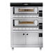 A Moretti Forni liquid propane double deck pizza oven with stand and tray holder slides.