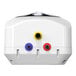 A compact white electric mini-tank water heater with three color-coded connection ports on the front.