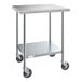 A Steelton stainless steel work table with undershelf and casters.