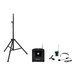A black AmpliVox speaker on a tripod with a microphone and microphone stand.