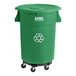 A green Lavex recycling can with wheels and a lid.