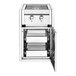 A stainless steel Crown Verity built-in barbecue cabinet with dual side burners and two drawers open.