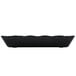 A black rectangular melamine tray with a scalloped edge and white text.