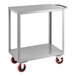 A silver steel Lavex utility cart with red wheels.